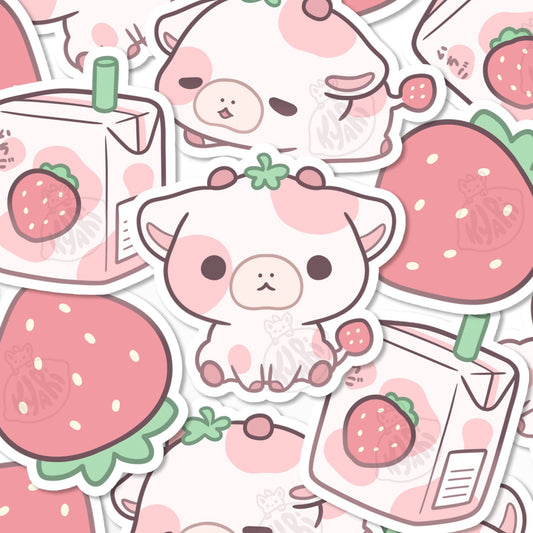 Strawberry Cow Sticker Set - KyariKreations